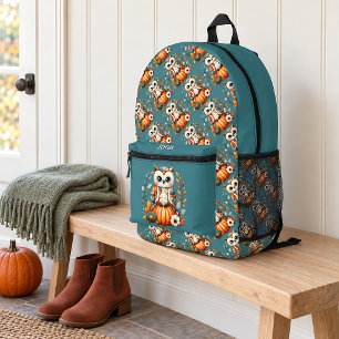 Patchwork Owl on Pumpkin — Cottagecore Fall Printed Backpack