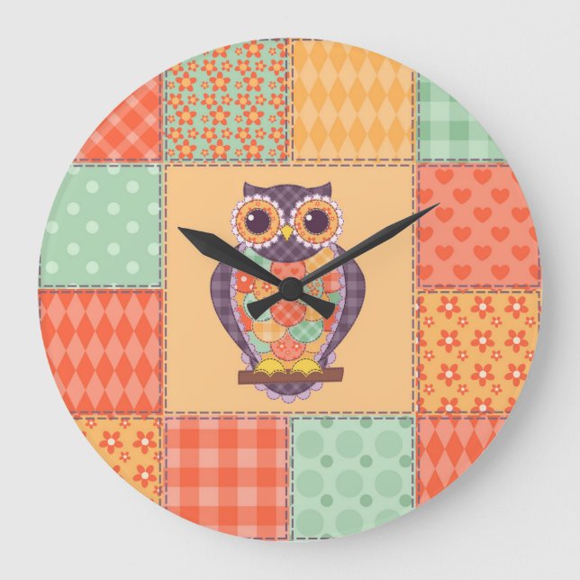 Patchwork Owl Vintage Seamless Pattern Large Clock (Front)