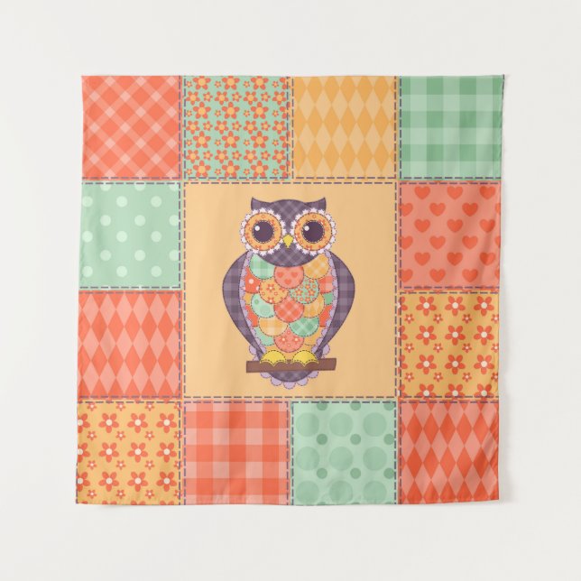 Patchwork Owl Vintage Seamless Pattern Tapestry (Front)