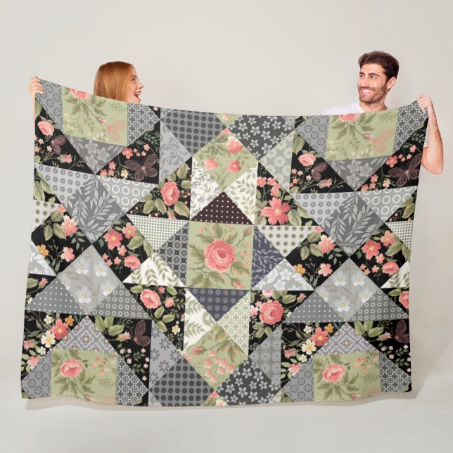 Patchwork Pattern Butterflies Flowers Foliage Rose Fleece Blanket (In Situ)