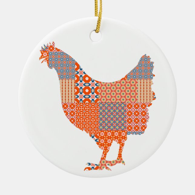 Patchwork Pattern Chicken Farm Animal Ceramic Tree Decoration (Front)