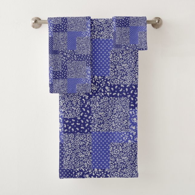 Patchwork Pattern Chintz Shades of Blue Polka Dot  Bath Towel Set (Insitu)