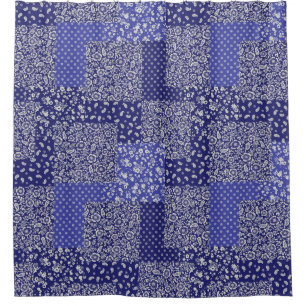 Patchwork Pattern Chintz Shades of Blue Polka Dot  Shower Curtain