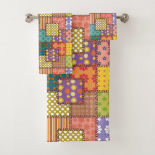 Patchwork Pattern Flowers Polka Dot Stripe Bath Towel Set