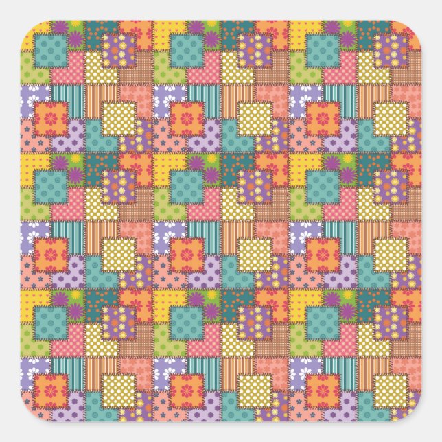 Patchwork Pattern Flowers Polka Dot Stripe Square Sticker (Front)