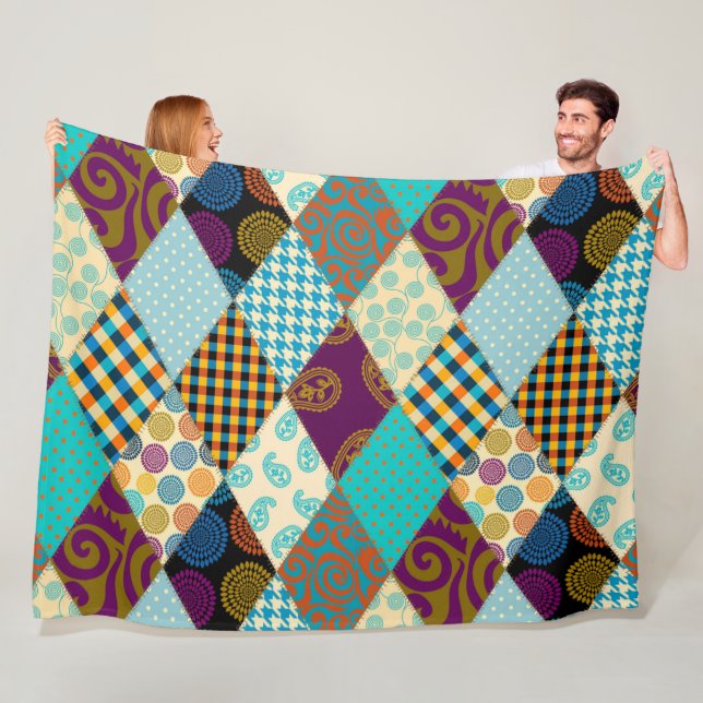 Patchwork Pattern Geometric Plaid Blue Purple Dots Fleece Blanket (In Situ)