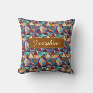Patchwork Pattern Geometric Triangle Square Blue  Cushion