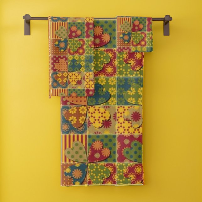 Patchwork Pattern Heart Button Stripe Green Yellow Bath Towel Set (Creator Uploaded)