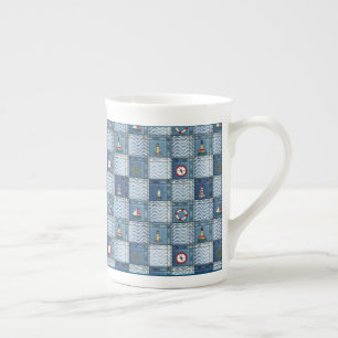 Patchwork Pattern with Marine Theme Lifebuoy Ancho Bone China Mug