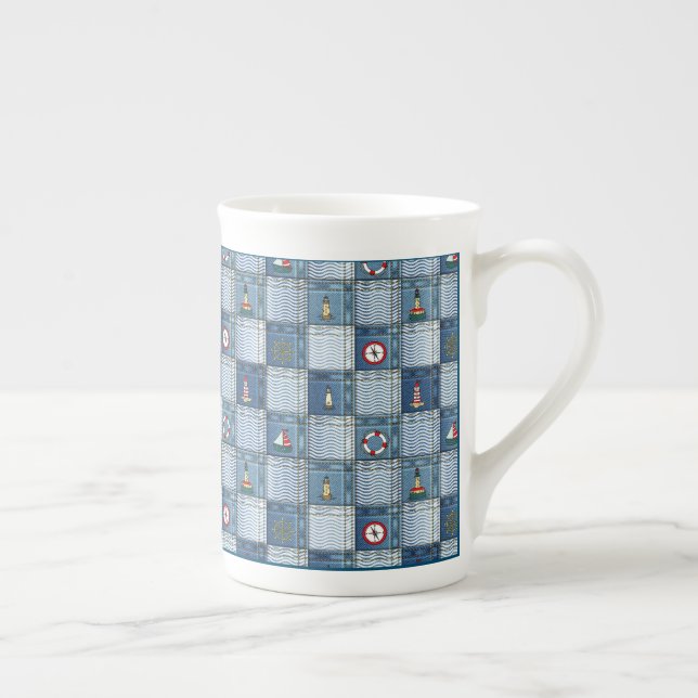 Patchwork Pattern with Marine Theme Lifebuoy Ancho Bone China Mug (Right)