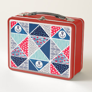 Patchwork Pattern with Nautical Element Polka Dot Metal Lunch Box