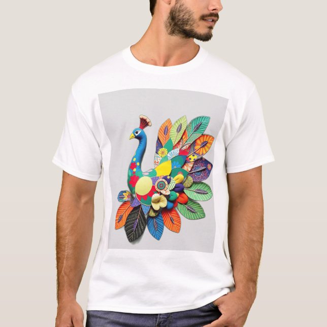 Patchwork Peacock Illustration T-Shirt (Front)
