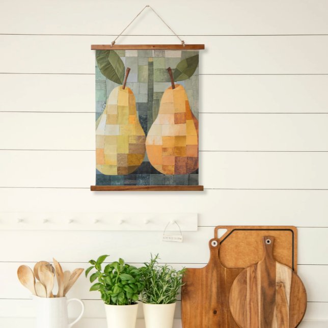Patchwork Pears Tapestry Scroll Art (Hanging Kitchen Wood Top Scroll Art Faux Patchwork Pears
Country Farmhouse Style)