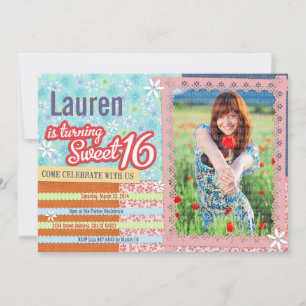 Patchwork & Pink Lace Sweet 16 Photo Invitation