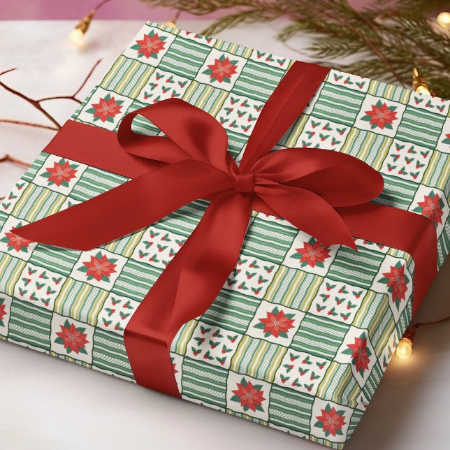 Patchwork Poinsettia Holly Christmas Pattern Wrapping Paper (Creator Uploaded)