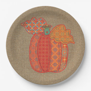 Patchwork Pumpkin Thanksgiving Paper Plates 9"