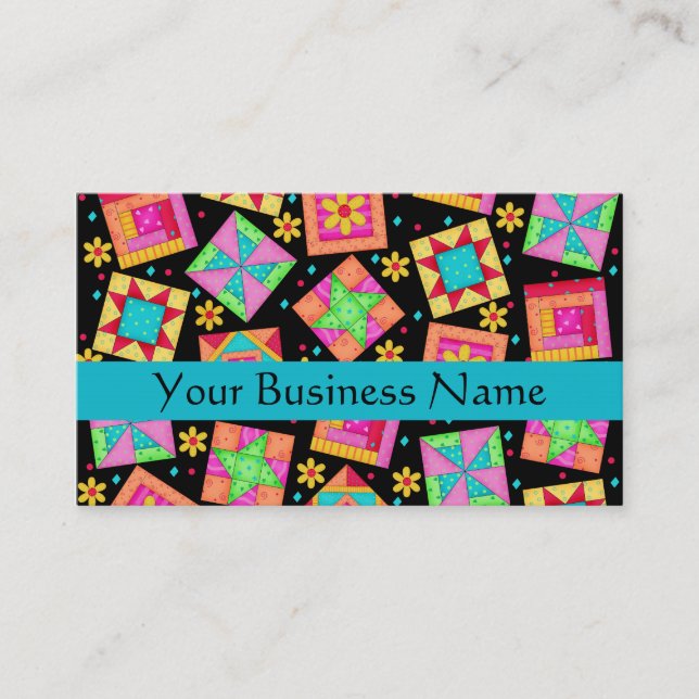 Patchwork Quilt Block Art Black Business Card (Front)