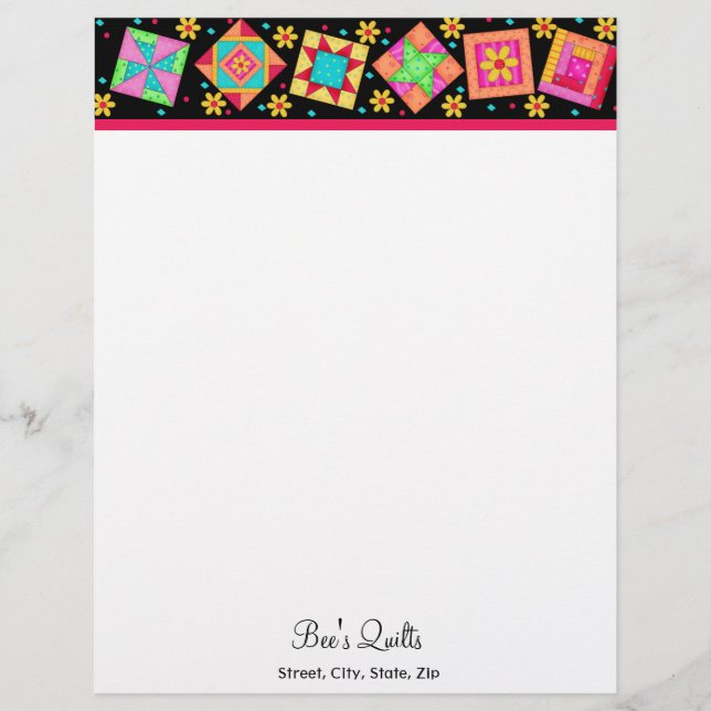 Patchwork Quilt Blocks Black Custom Stationery Letterhead (Front)