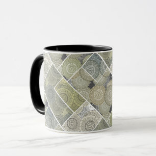Patchwork quilt ceramic tile circles mandala patch mug