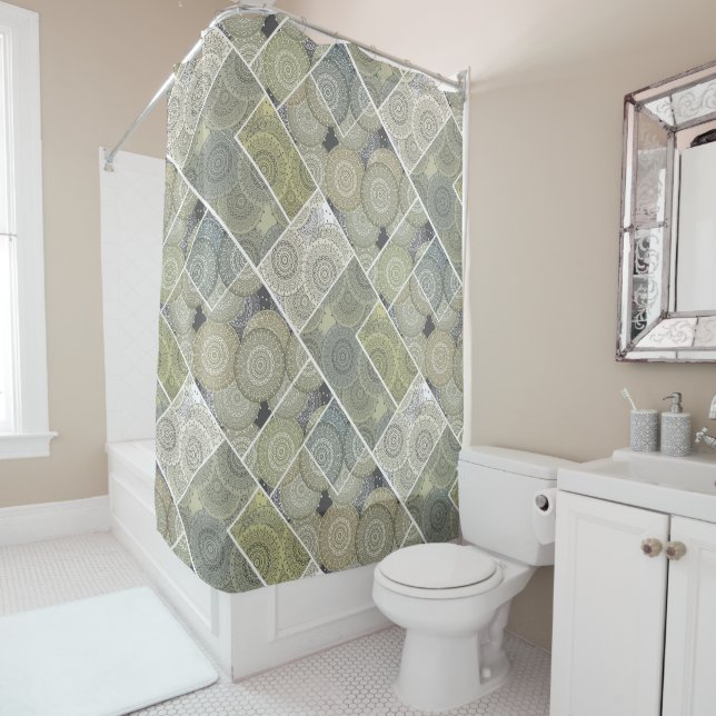 Patchwork quilt ceramic tile circles mandala patch shower curtain (In Situ)