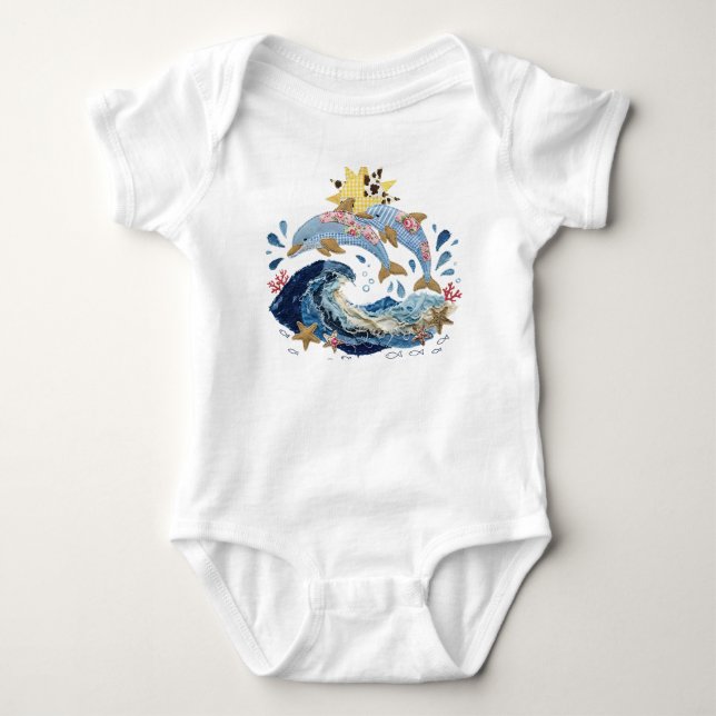 Patchwork Quilt Dolphins  Baby Bodysuit (Front)