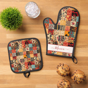 Patchwork Quilt Effect Oven Mitt & Pot Holder Set