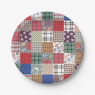 Patchwork Quilt Multicolored Gingham Paper Plate