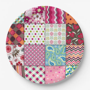 Patchwork Quilt Multicolored Gingham Paper Plate
