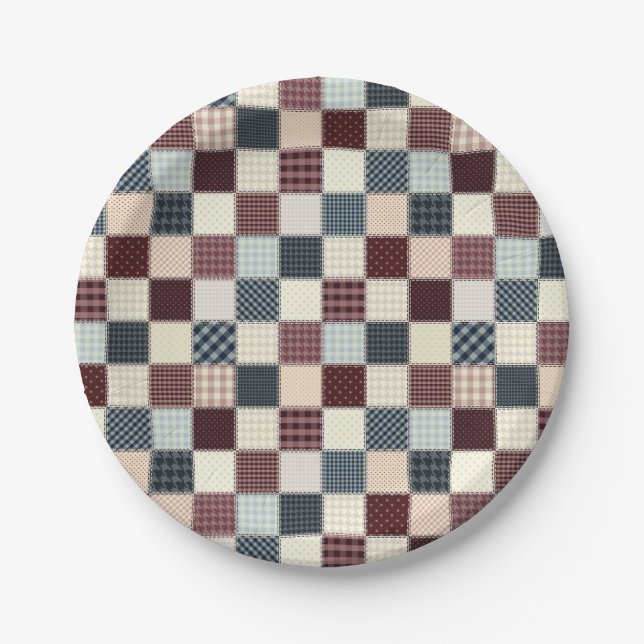 Patchwork Quilt Multicolored Gingham Paper Plate (Front)