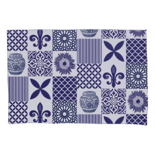 Patchwork Quilt Pattern in Navy Blue and White Pillowcase