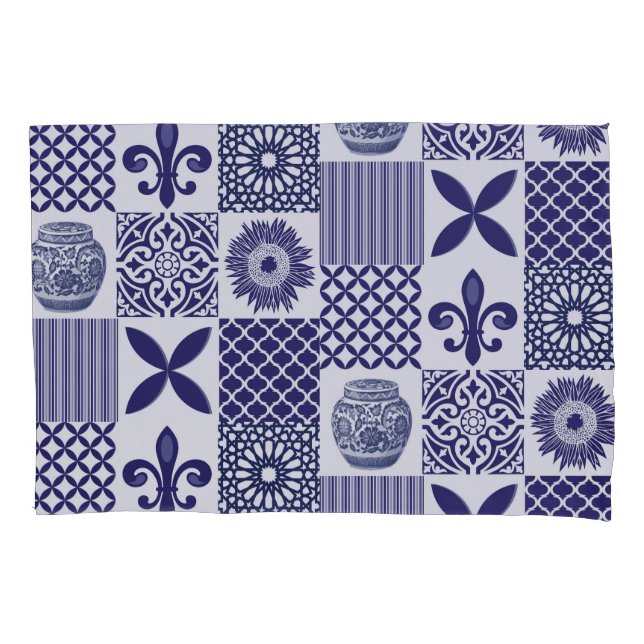 Patchwork Quilt Pattern in Navy Blue and White Pillowcase (Front)