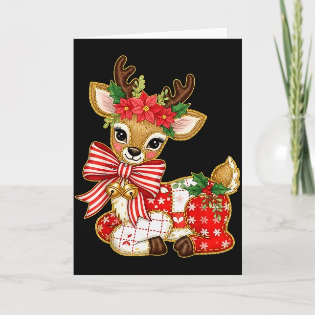 Patchwork Reindeer Preppy Girly Christmas Xmas Hol Card (Front)