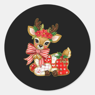 Patchwork Reindeer Preppy Girly Christmas Xmas Hol Classic Round Sticker