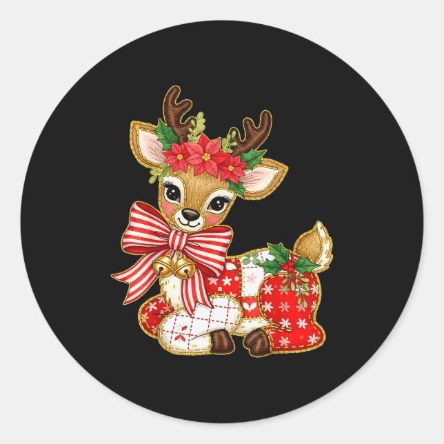 Patchwork Reindeer Preppy Girly Christmas Xmas Hol Classic Round Sticker (Front)