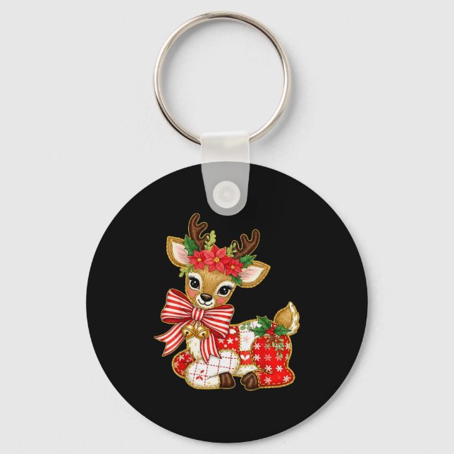 Patchwork Reindeer Preppy Girly Christmas Xmas Hol Key Ring (Front)