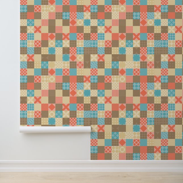 Patchwork Retro Pink Mid Century Wallpaper (Application)