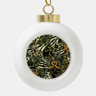 Patchwork Safari: Watercolor Animal Print. Ceramic Ball Christmas Ornament