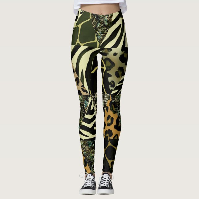 Patchwork Safari: Watercolor Animal Print. Leggings (Front)