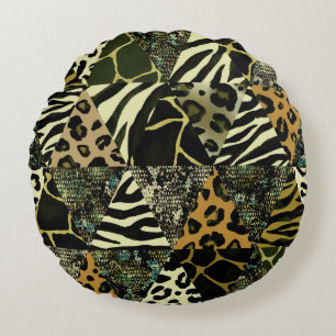 Patchwork Safari: Watercolor Animal Print. Round Cushion