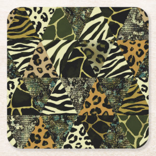 Patchwork Safari: Watercolor Animal Print. Square Paper Coaster
