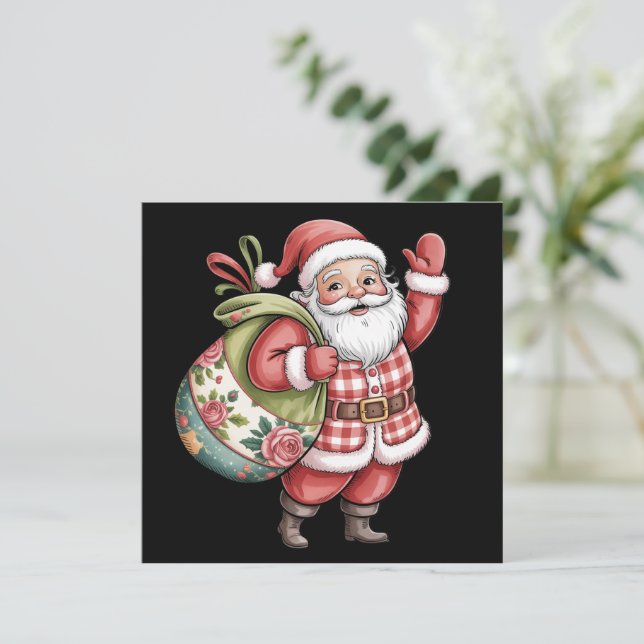 Patchwork Santa Christmas Retro Merry And Bright  Holiday Card (Standing Front)