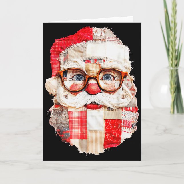 Patchwork Santa Claus Face Preppy Girly Christmas  Card (Front)