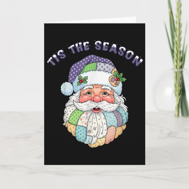 Patchwork Santa Claus Face Preppy Girly Christmas  Card (Front)
