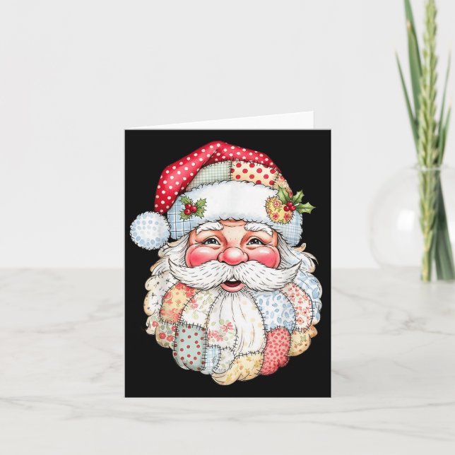 Patchwork Santa Claus Face Preppy Girly Christmas  Card (Front)