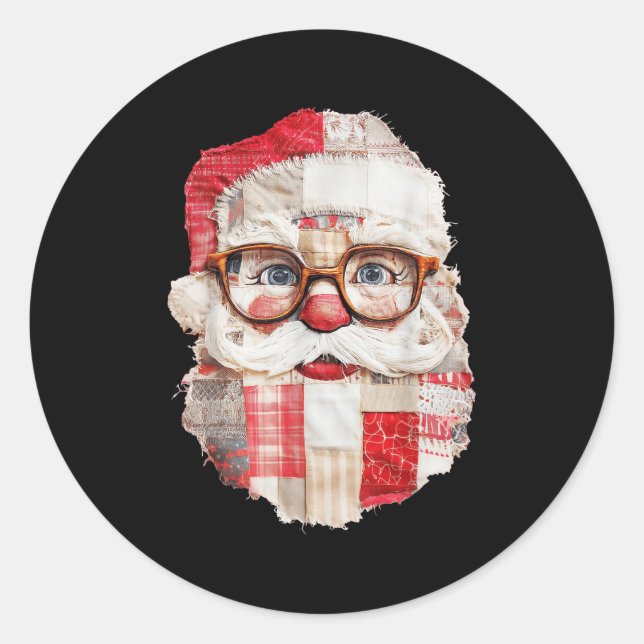 Patchwork Santa Claus Face Preppy Girly Christmas  Classic Round Sticker (Front)