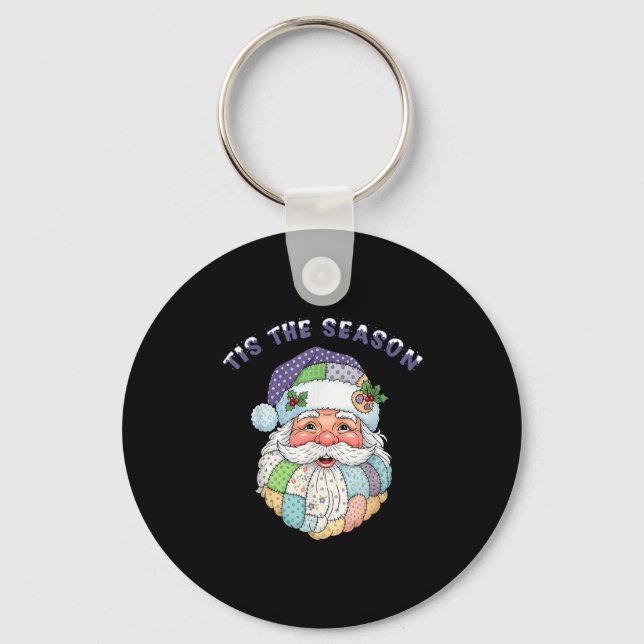Patchwork Santa Claus Face Preppy Girly Christmas  Key Ring (Front)