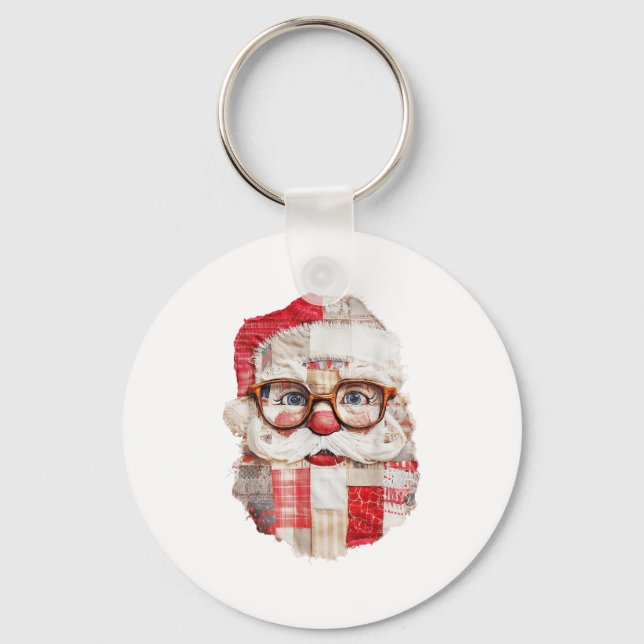 Patchwork Santa Claus Face Preppy Girly Christmas  Key Ring (Front)
