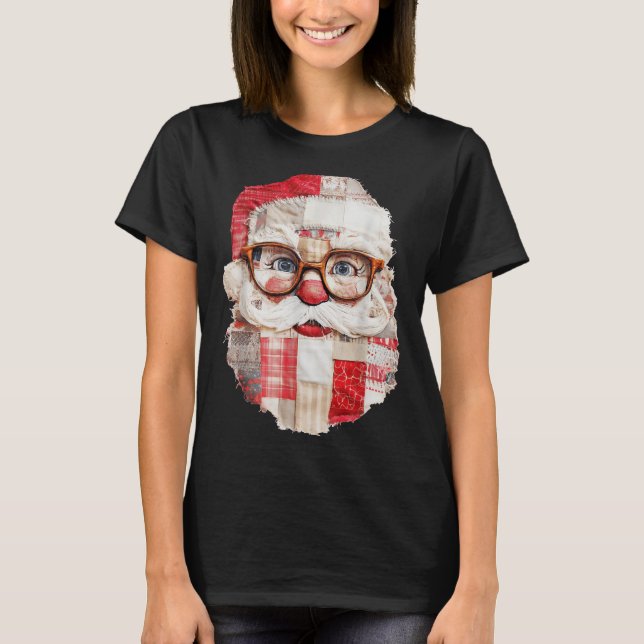 Patchwork Santa Claus Face Preppy Girly Christmas  T-Shirt (Front)