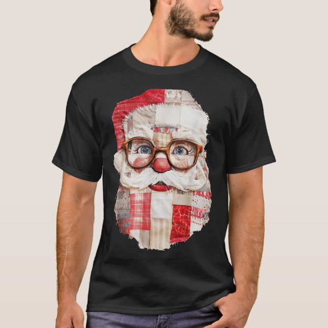 Patchwork Santa Claus Face Preppy Girly Christmas  T-Shirt (Front)