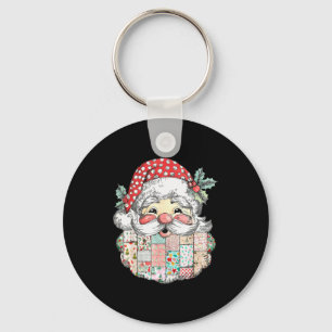 Patchwork Santa Claus Face Vintage Merry Christmas Key Ring